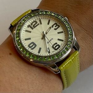 Quartz Lime Green Watch with Rhinestone Bezel and Genuine Leather Strap
